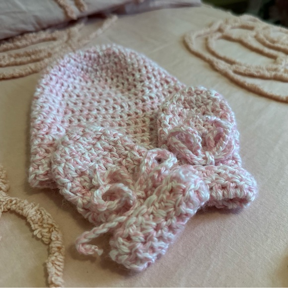 Handmade Other - Pink Newborn Knitted Baby Hat and Mittens Set